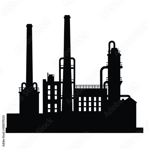 A large industrial plant with a tall smokestack. The plant is black and white. The smokestack is tall and has a chimney