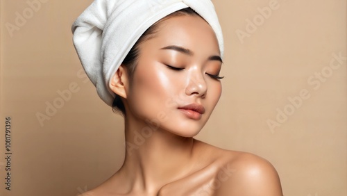 Beautiful young asian woman with clean fresh skin on beige background, Face care, Facial treatment, Cosmetology, beauty and spa, Asian women portrait.