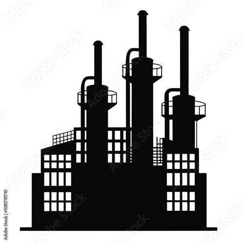 A large industrial plant with a tall smokestack. The plant is black and white. The smokestack is tall and has a chimney