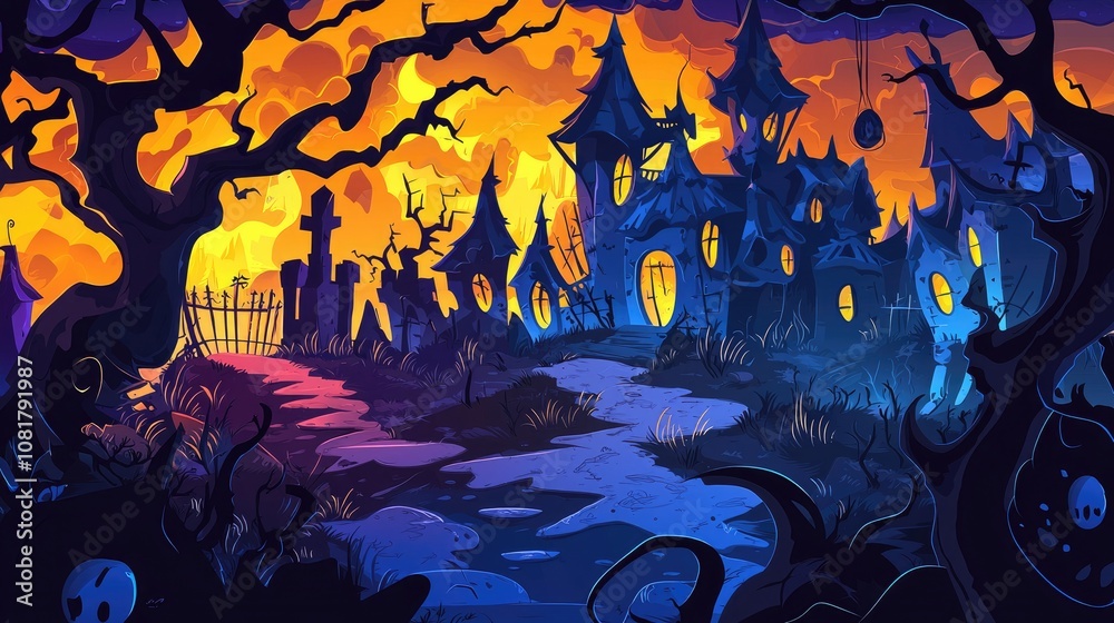 Eerie Haunted Mansion with Graveyard and Winding Path Eerie Haunted Mansion with Graveyard and Winding Path