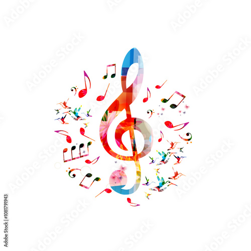 Music notes background. Colorful G-clef and music notes isolated vector illustration
