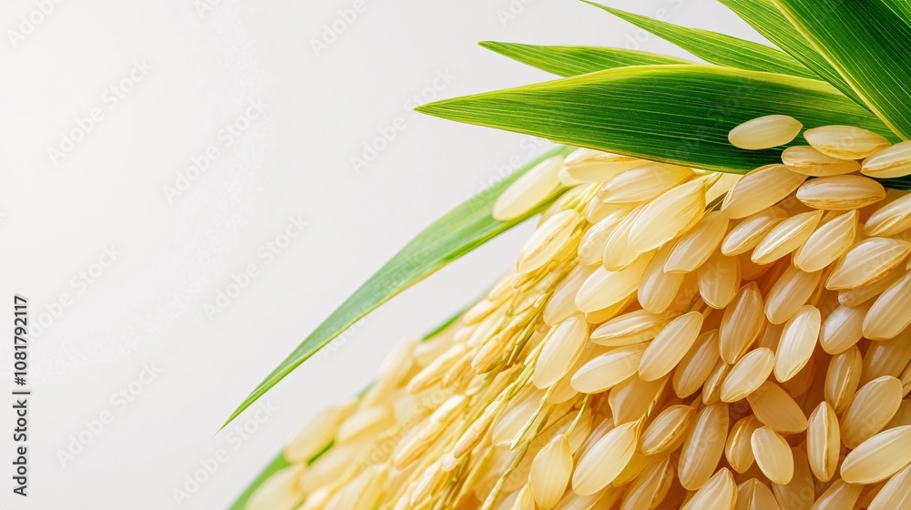 Naklejka premium 27.A detailed shot of a rice ear with golden-yellow grains and a vibrant green leaf, captured in sharp focus. The grains are plump and arranged in a natural cascade, while the leaf adds a touch of