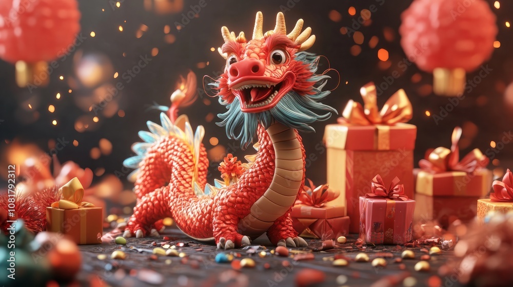 A red dragon figurine surrounded by gift boxes and confetti, a festive Chinese New Year celebration. A red dragon figurine surrounded by gift boxes and confetti, a festive Chinese New Year celebration.