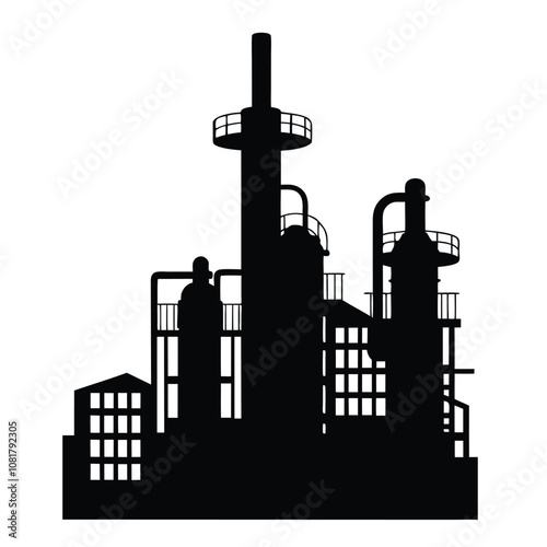 A large industrial plant with a tall smokestack. The plant is black and white. The smokestack is tall and has a chimney