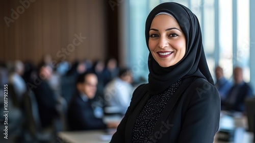 A Muslim woman in a black hijab and blazer smiles confidently. photo