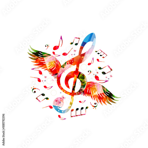 Music notes background. Colorful G-clef and music notes isolated vector illustration
