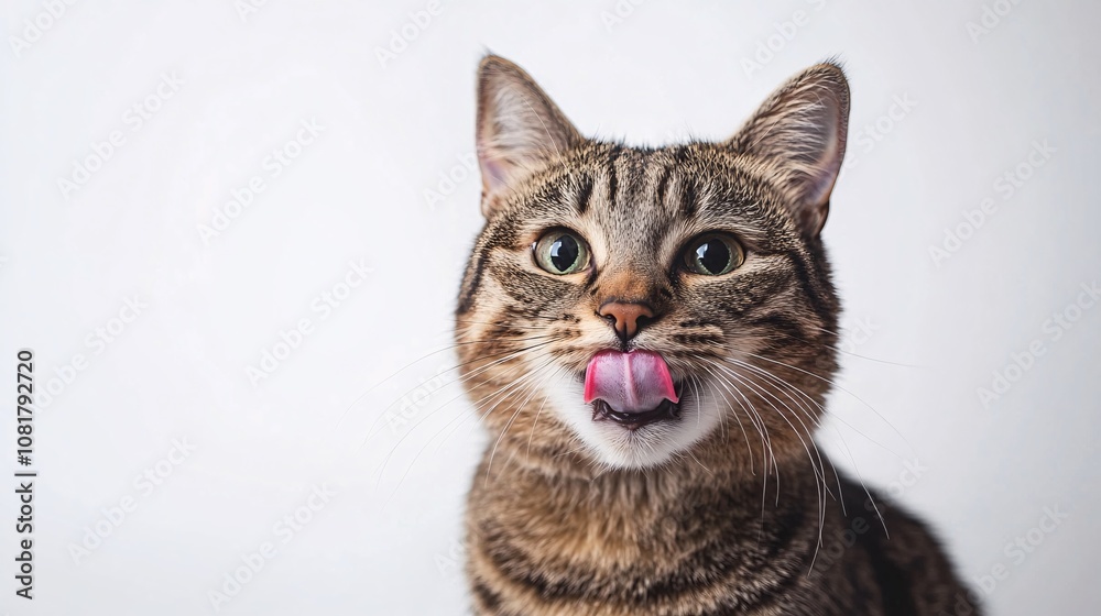 37.A domestic cat sits calmly while licking its lips, its pink tongue visible. The cat's fur is soft and neatly groomed, and the scene is captured against a bright white background, creating a sharp 37.A domestic cat sits calmly while licking its lips, its pink tongue visible. The cat's fur is soft and neatly groomed, and the scene is captured against a bright white background, creating a sharp