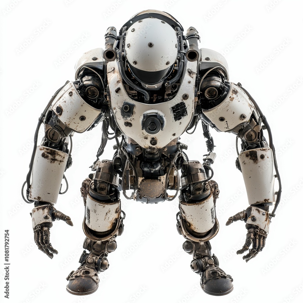 White robotic mech with outstretched arms. White robotic mech with outstretched arms.