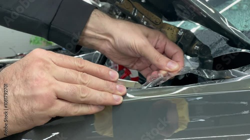 A car wrapping specialist applies a polyurethane film to the car. Selective focus. PPF protective film against chips and scratches. Car wrapping. 