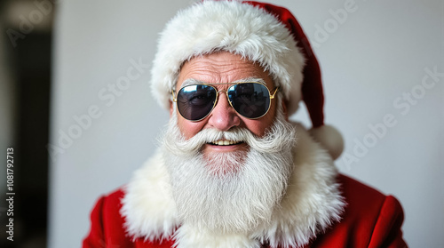 A cheerful Santa Claus wears sunglasses while spreading holiday cheer, embodying the joy of the festive season