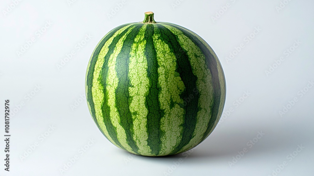 42.A whole watermelon, with its characteristic dark green stripes and glossy surface, isolated on a white background. The lighting highlights the subtle texture and natural round shape of the fruit. 42.A whole watermelon, with its characteristic dark green stripes and glossy surface, isolated on a white background. The lighting highlights the subtle texture and natural round shape of the fruit.