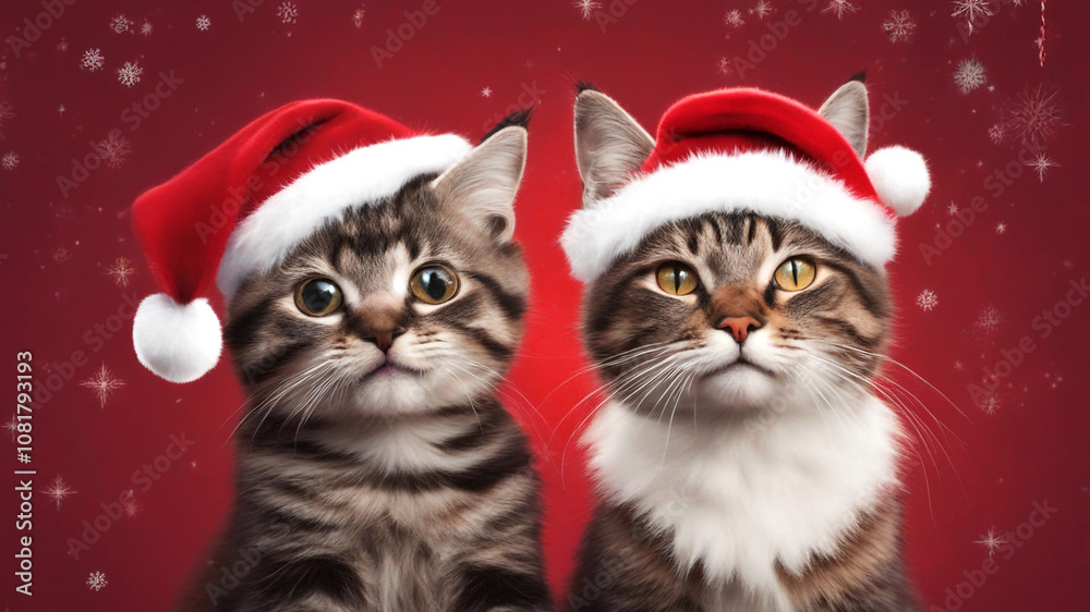 Two cats in Santa hats one with reindeer antlers look adorable and playful with their tongues out and Two cats in Santa hats one with reindeer antlers look adorable and playful with their tongues out and