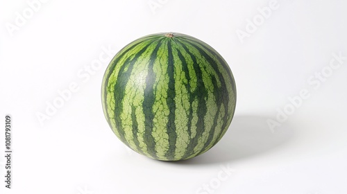 44.A fresh watermelon with a smooth, glossy surface, isolated on a white background. The fruitâ€™s signature striped pattern is clear, and the lighting brings out the rich green tones.