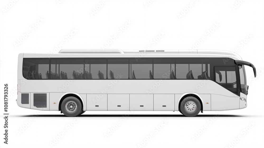 47.A large, comfortable passenger bus in white, viewed from the side. The bus’s long, streamlined body and tinted windows are clearly visible against the clean white background, giving a sense of 47.A large, comfortable passenger bus in white, viewed from the side. The bus’s long, streamlined body and tinted windows are clearly visible against the clean white background, giving a sense of