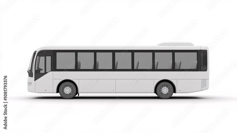 49.A white bus seen from the side, highlighting its sleek, contemporary design and spacious passenger windows. The bus is isolated on a bright white background, with all details of the body and 49.A white bus seen from the side, highlighting its sleek, contemporary design and spacious passenger windows. The bus is isolated on a bright white background, with all details of the body and