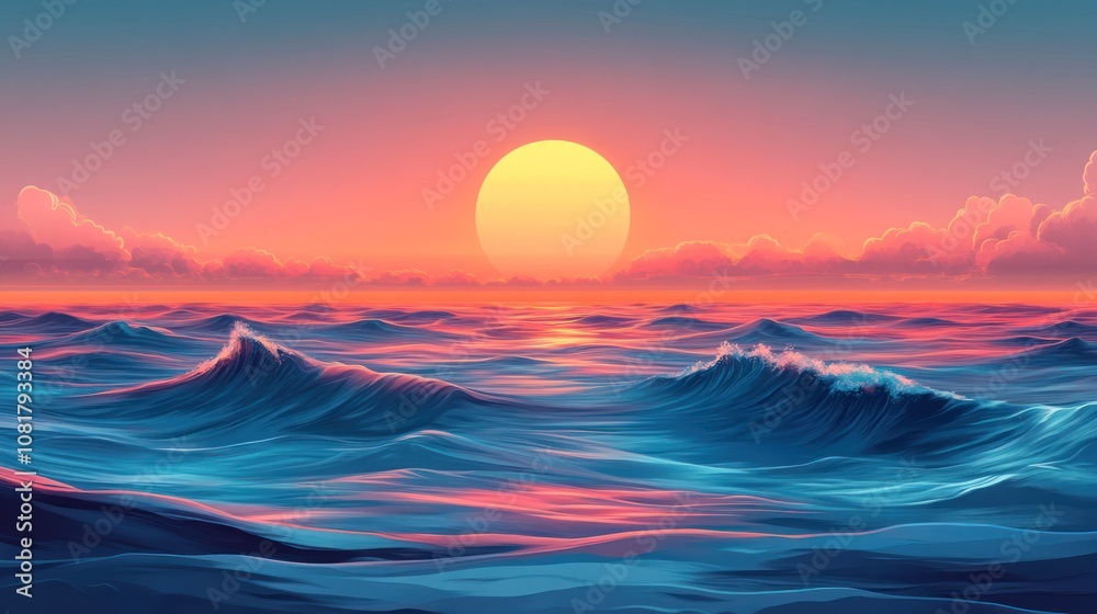 A vibrant sunset over a calm ocean with a large sun and pink and orange clouds. A vibrant sunset over a calm ocean with a large sun and pink and orange clouds.