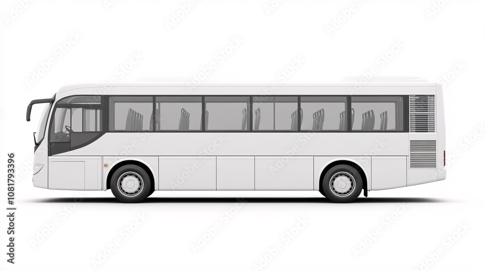 49.A white bus seen from the side, highlighting its sleek, contemporary design and spacious passenger windows. The bus is isolated on a bright white background, with all details of the body and 49.A white bus seen from the side, highlighting its sleek, contemporary design and spacious passenger windows. The bus is isolated on a bright white background, with all details of the body and