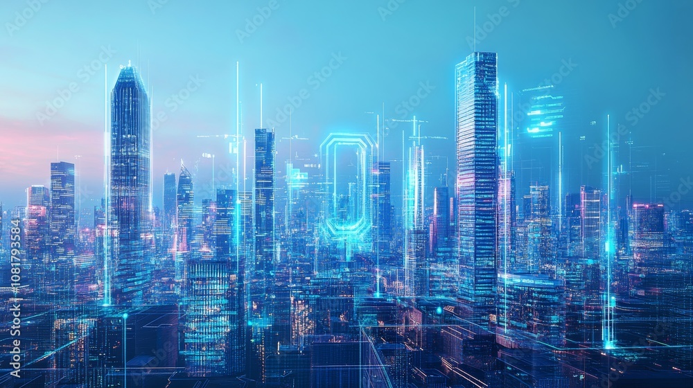 A futuristic city skyline with towering skyscrapers and smart city technology, showcasing the future of urban growth and infrastructure development A futuristic city skyline with towering skyscrapers and smart city technology, showcasing the future of urban growth and infrastructure development