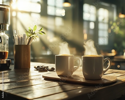 Celebration Blend Moments featuring a cozy coffee shop scene with gentle sunlight illuminating coffee mugs on a rustic wooden table, copy space for text, ultra HD, photo