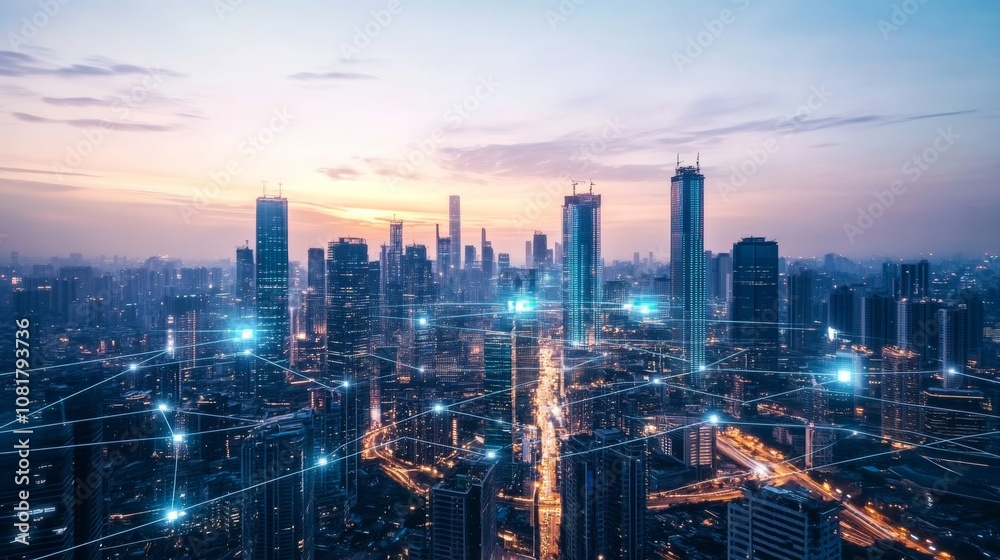 A futuristic city with tall skyscrapers and smart city infrastructure, representing the future of urban growth and development A futuristic city with tall skyscrapers and smart city infrastructure, representing the future of urban growth and development