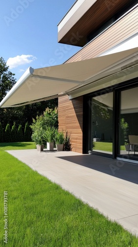 A modern house with a sleek design features a spacious patio shaded by an elegant retractable awning and surrounded by lush green grass.