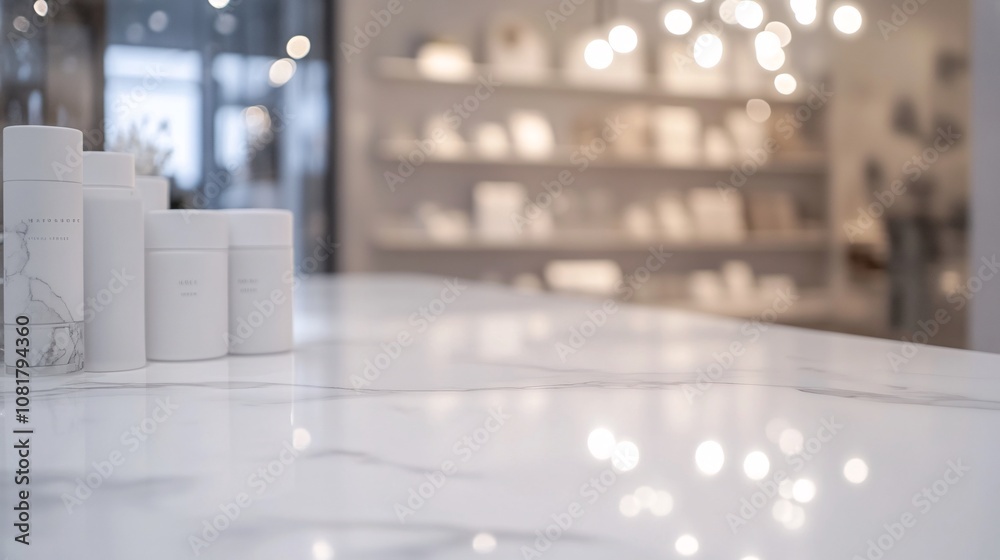 64.A bright white tabletop, smooth and marble-like, stretches across the foreground, with a blurred backdrop of a store featuring soft, glowing bokeh lights. The combination of clean lines and a soft
