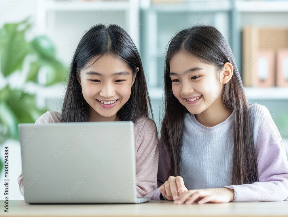Two confident Asian women sharing ideas on laptop, office background, digital collaboration and teamwork Two confident Asian women sharing ideas on laptop, office background, digital collaboration and teamwork