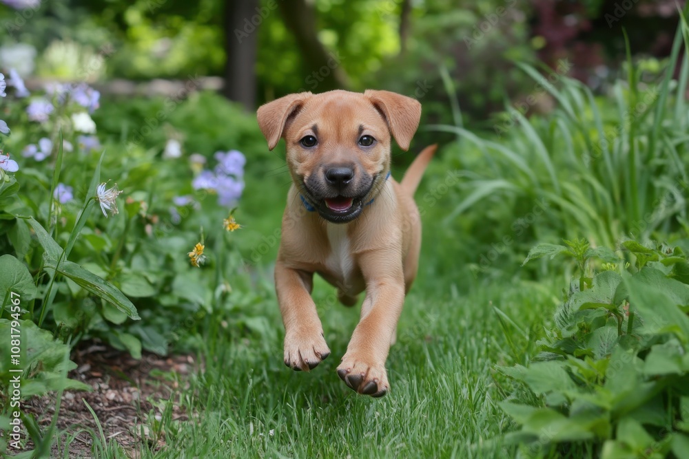 Joyful Puppy Running Through Lush Green Spring Grass Joyful Puppy Running Through Lush Green Spring Grass