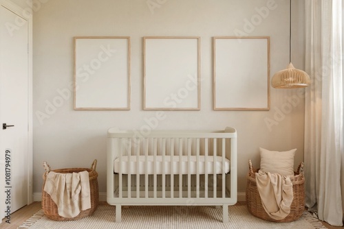 Minimalist nursery with green crib, blank frames, and cozy orange armchair