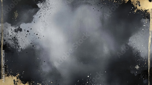 Dark grey watercolor wash accented by small white speckles, elegantly bordered with a delicate gold edge, creating a refined visual effect with ample photo style copy space.