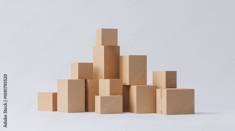 86.A neat stack of cardboard boxes of various sizes arranged in a simple formation against a plain white background. The smooth surfaces and clean edges of the boxes reflect a sense of organization 86.A neat stack of cardboard boxes of various sizes arranged in a simple formation against a plain white background. The smooth surfaces and clean edges of the boxes reflect a sense of organization