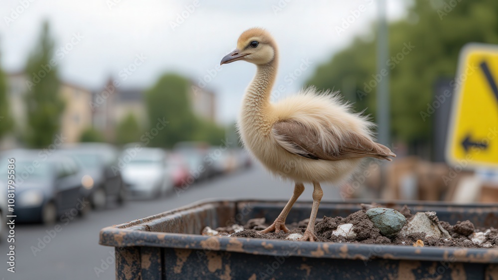 Recycle to save wildlife. A young bird stands atop a pile of garbage in an urban setting, surrounded by parked cars and a road sign in the background. Recycle to save wildlife. A young bird stands atop a pile of garbage in an urban setting, surrounded by parked cars and a road sign in the background.