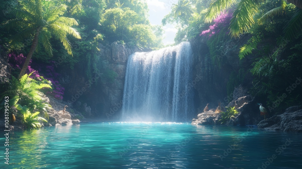 Serene Tropical Island Waterfall and Crystal Clear Lagoon Serene Tropical Island Waterfall and Crystal Clear Lagoon