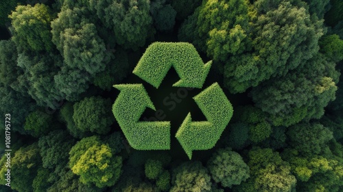 Recycle to save wildlife. A lush green forest with a large recycling symbol made of trees, highlighting environmental sustainability and conservation efforts.
