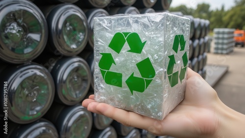 Recycle to save wildlife. A hand holds a clear cube filled with recyclable materials, featuring a green recycling symbol, set against a backdrop of stacked containers.