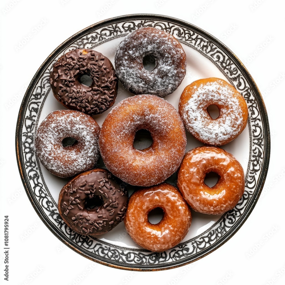 Donuts on a decorative plate.