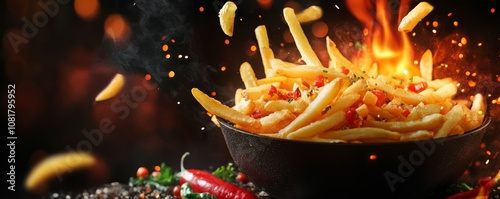 French fries in skillet with levitating potato ingredients, fast food concept