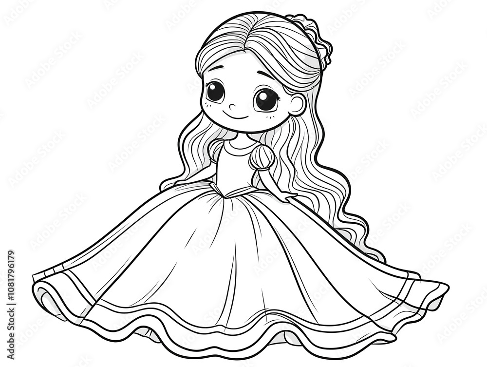 Cute Cartoon Girl in a Flowing Dress, Perfect for Coloring Pages and Activity Books Cute Cartoon Girl in a Flowing Dress, Perfect for Coloring Pages and Activity Books