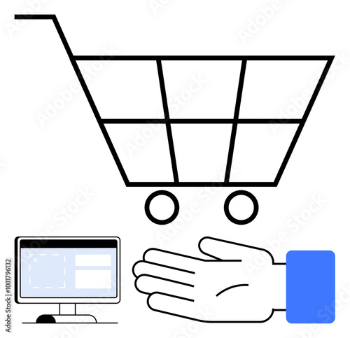 Shopping cart, computer screen with webpage, and open hand. Ideal for e-commerce, online shopping, convenience, digital marketing, retail customer service and consumer behavior themes. Line