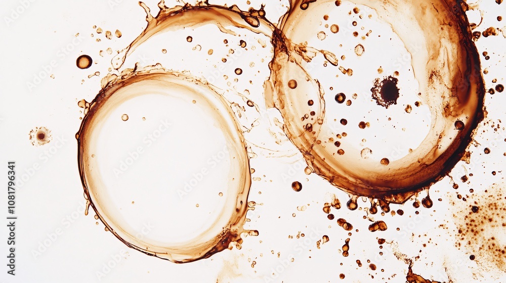 97.Multiple overlapping coffee stains, featuring dark brown rings and splatters, isolated on a clean white background. The natural shapes and imperfections of the stains evoke a casual, real-life 97.Multiple overlapping coffee stains, featuring dark brown rings and splatters, isolated on a clean white background. The natural shapes and imperfections of the stains evoke a casual, real-life