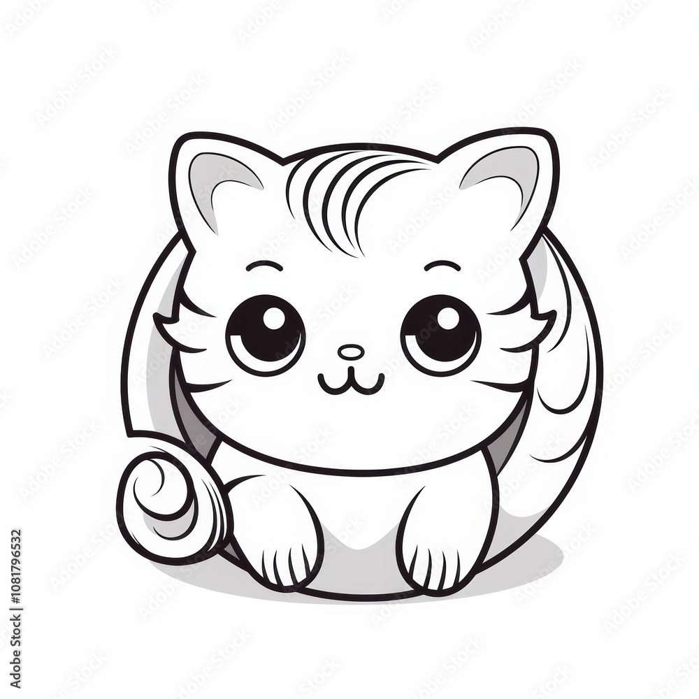 Fototapeta premium Adorable cartoon cat with big eyes and a curled tail sitting inside a circle, drawn in black and white.