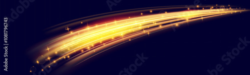 A vibrant, glowing light trail or streak in a golden yellow hue with sparkling highlights on a dark background. This abstract, magical design has a smooth, curved flow with bright shimmering .