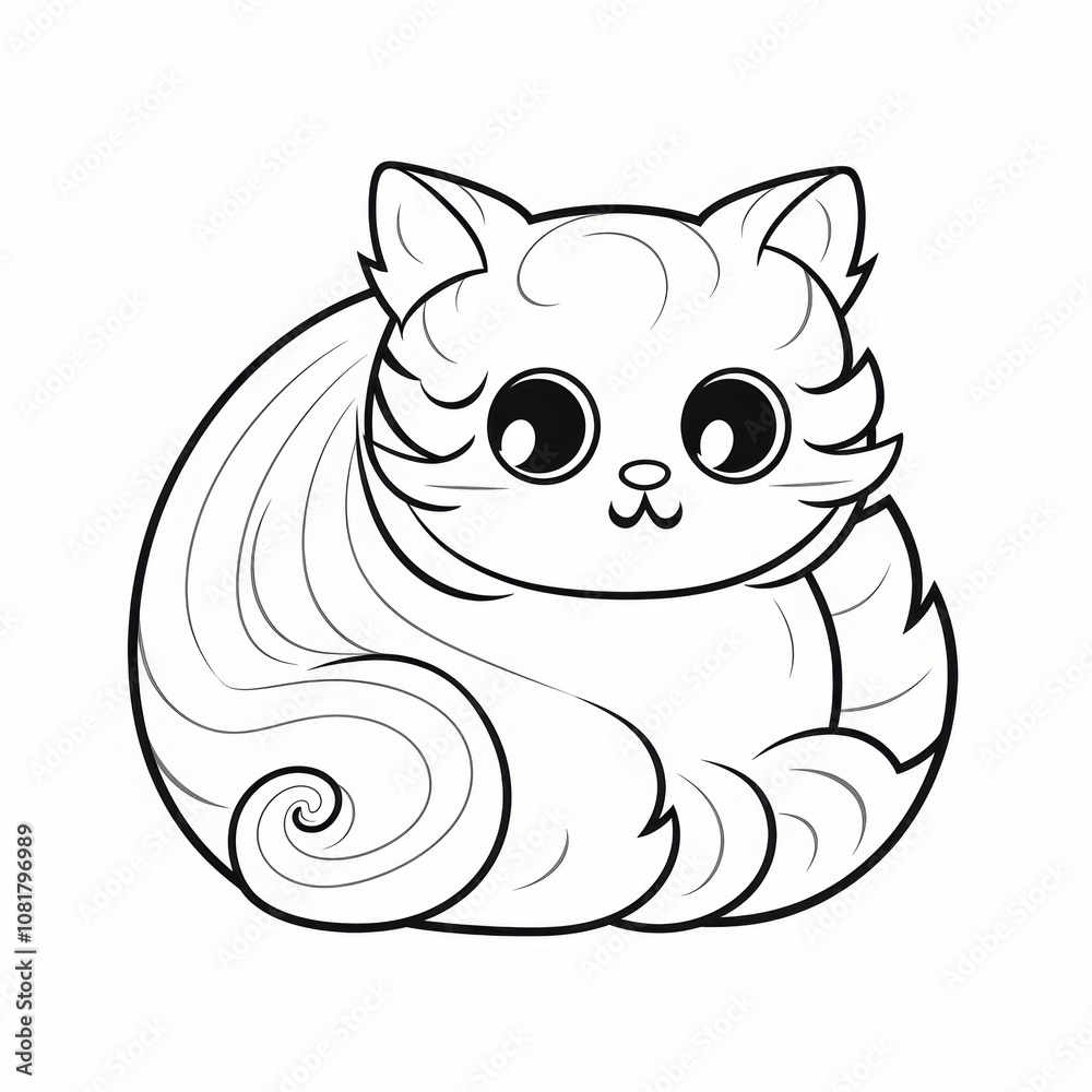 Cute cartoon cat with big eyes, sitting on its hind legs, curled tail and a swirl pattern on its body. Cute cartoon cat with big eyes, sitting on its hind legs, curled tail and a swirl pattern on its body.