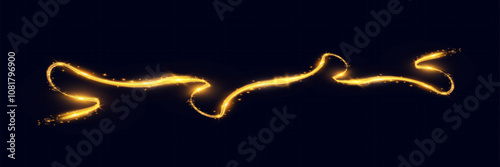 A vibrant, glowing light trail or streak in a golden yellow hue with sparkling highlights on a dark background. This abstract, magical design has a smooth, curved flow with bright shimmering .