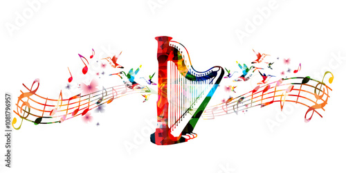 Creative music style template vector illustration, colorful concert harp, music instrument with music staff and notes background. Design for poster, brochure, concert, music festival, music shop
