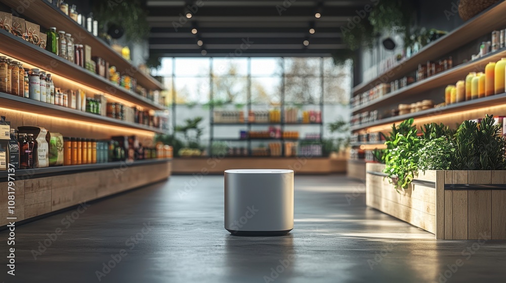 Innovative smart device display modern grocery store product showcase bright environment eye-level view technology integration Innovative smart device display modern grocery store product showcase bright environment eye-level view technology integration