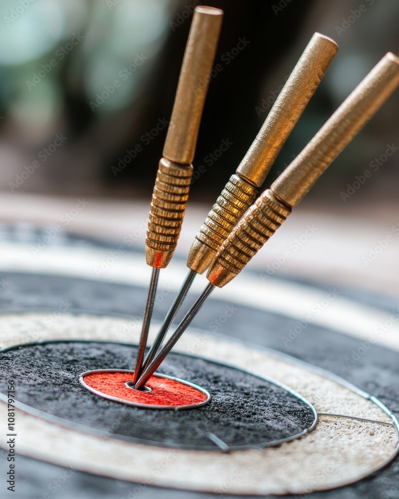 A close-up of a dartboard featuring three darts precisely hitting the bullseye, showcasing precision and focus in dart throwing. A close-up of a dartboard featuring three darts precisely hitting the bullseye, showcasing precision and focus in dart throwing.