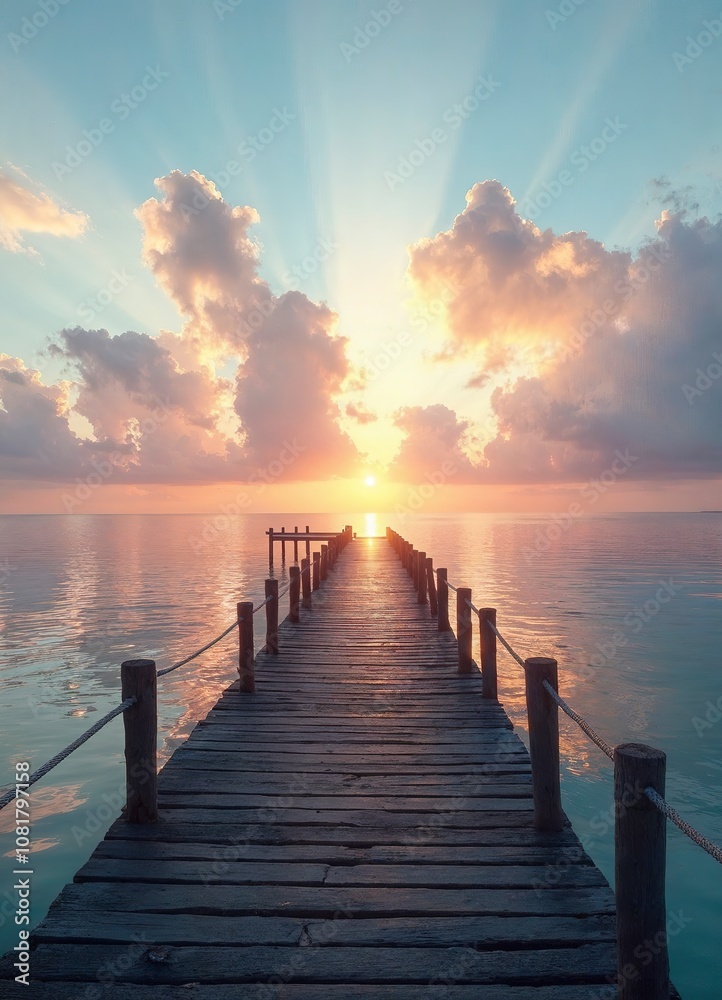 Fototapeta premium A long wooden pier extending into a body of water, with a dramatic cloudy sky reflected in the calm water below