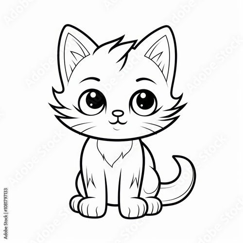 Cute cartoon kitten sitting with big eyes and a smile.