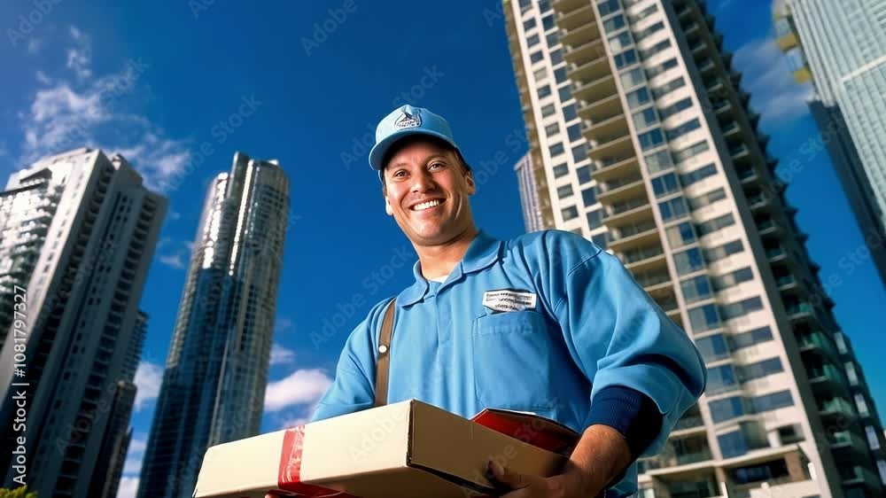 Smiling delivery man in blue uniform stands in front of city buildings, holding packages. The modern cityscape serves as backdrop for this efficient worker in transportation industry Smiling delivery man in blue uniform stands in front of city buildings, holding packages. The modern cityscape serves as backdrop for this efficient worker in transportation industry
